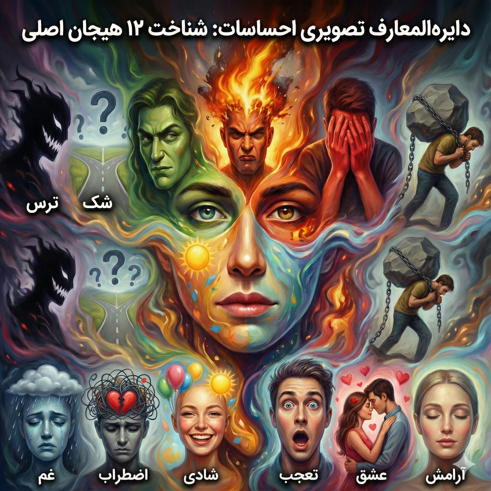 دایره‌المعارف تصویری شناخت ۱۲ هیجان اصلی انسان شامل ترس، خشم، شادی و غم